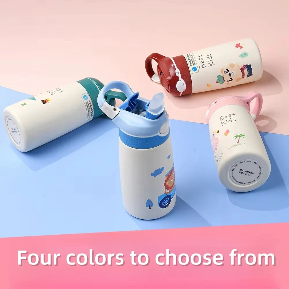 400ML Kids Water Bottle Cartoon Animal Thermos Mug Baby Duck Billed Straw 316 Stainless Steel Vacuum Flasks Thermos Bottle - AMULET RING STORE