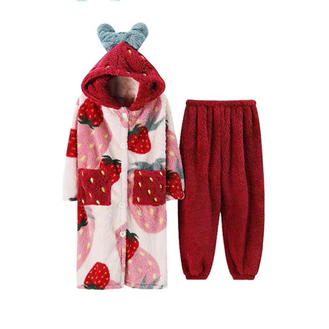 2024 Winter Pajamas For Women Cartoon Hooded Long Robe Strawberry Jacket Cute Home Wear Sleepwear Kawaii Flannel Warm Bathrobe - AMULET RING STORE