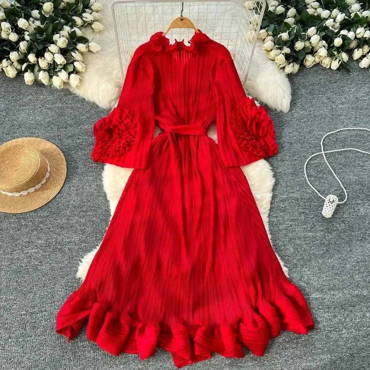 Miyaki Dress, Plus-Size, Ruched, with Fishbone Detailing, Ruffled Belt, Slim-Fit Midi Dress, Elegant and Casual A-Line Pleated Dress with High Elasticity