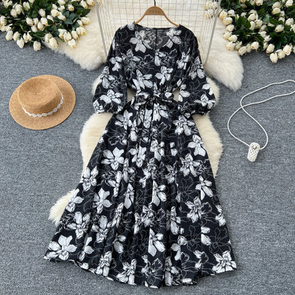 Elegant Boho Floral Print Floral Pleated Maxi Long Dress Female V Neck Puff Sleeve Belt Dresses Women Summer Dress Robe