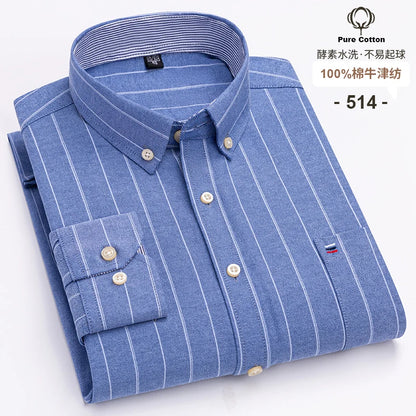 100% Cotton Oxford Men's Shirts Long Sleeves Plaid Soft Regular Fit Formal Dress Shirt Pocket Social Blouse Male Clothes S-7XL
