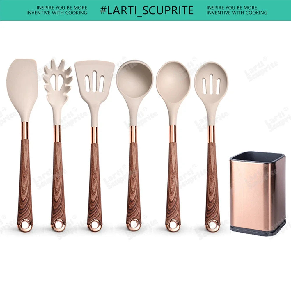 Good Quality Silicone Kitchen Utensils Set Rose Gold Plated Handle Cooking Tool Non-stick Heat Resistant Kitchenware Accessories