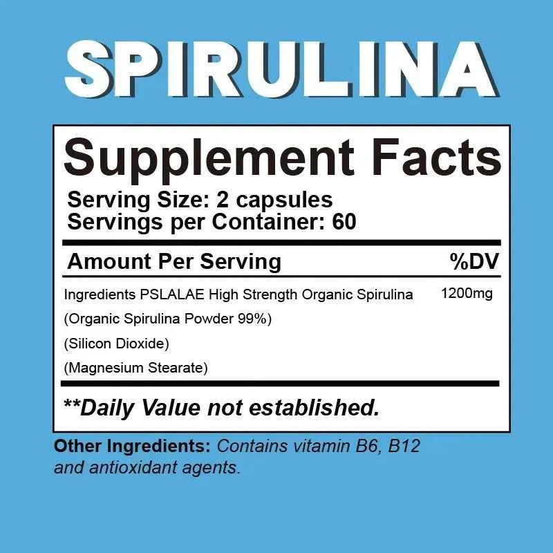 Organic Spirulina Capsules - Helps Detoxify, Supports Immune System Health, Antioxidant, Boosts Energy