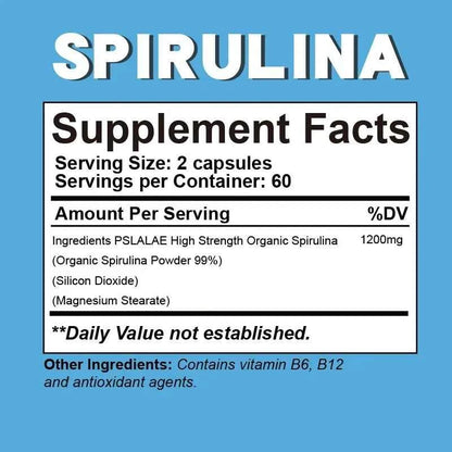 Organic Spirulina Capsules - Helps Detoxify, Supports Immune System Health, Antioxidant, Boosts Energy