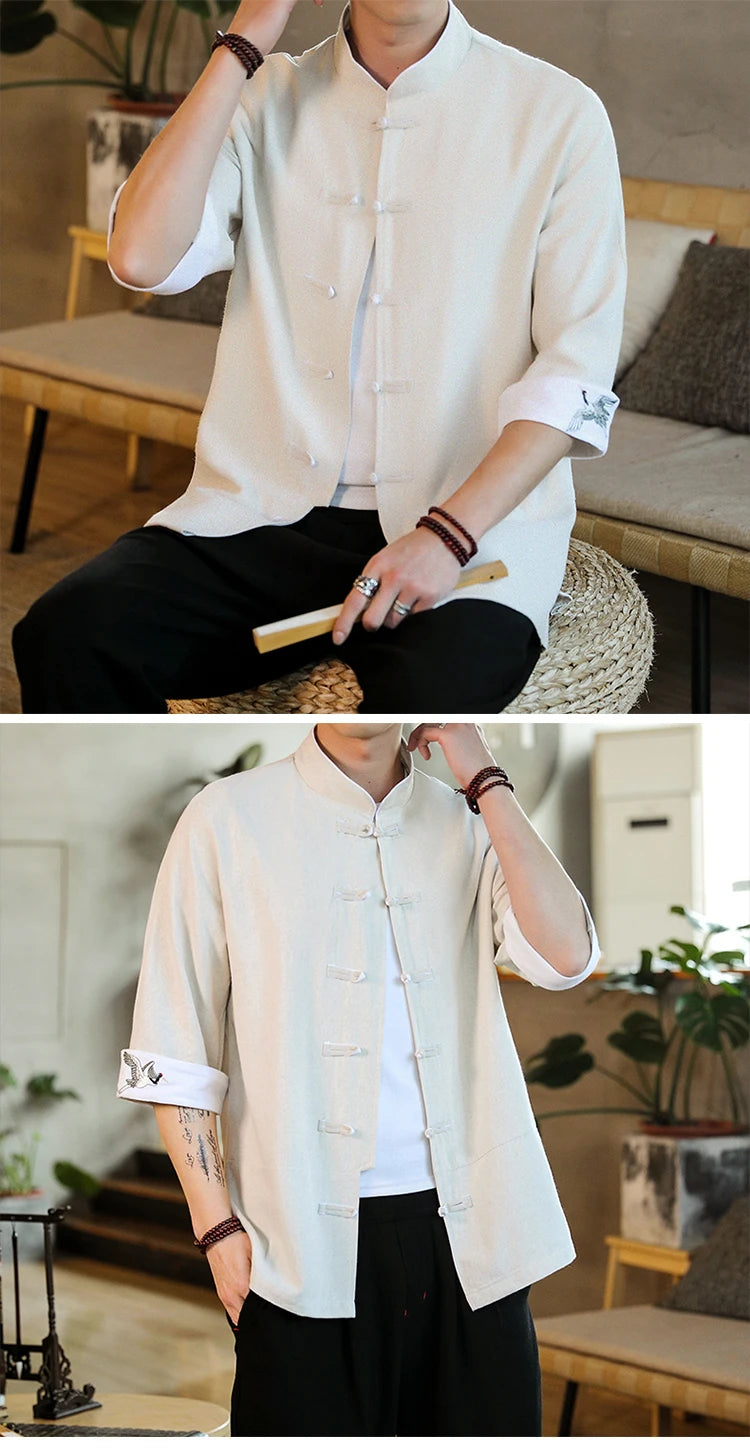 New Crane Embroidery Top Traditional Chinese Clothing for Men Vintage Half Sleeve Linen Shirts Solid Madarin Collar Hanfu Kungfu