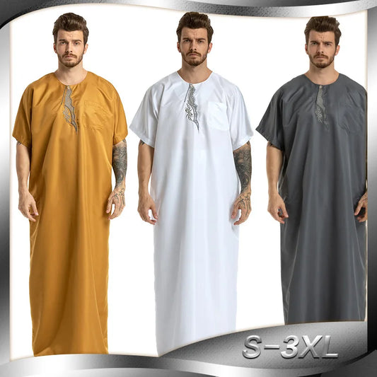 fashion muslim abayas for men embroidery round neck short sleeve full length arab fashion robes prayers clothing