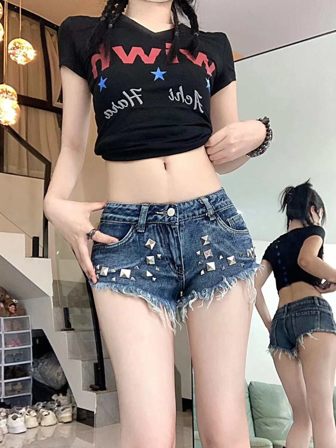 Slimming Skinny Denim Hot Pants - Vintage Wash Ultra Low-Rise Distressed Y2K Sexy Shorts for Baddie Street Style