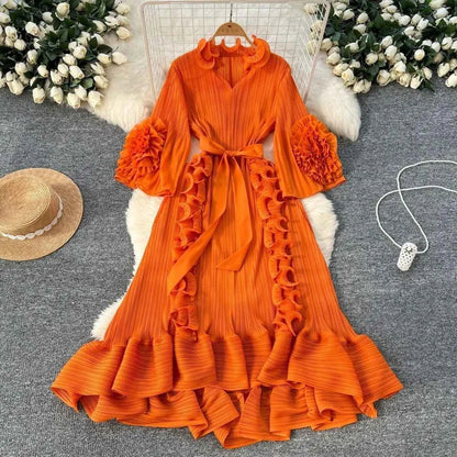 Miyaki Dress, Plus-Size, Ruched, with Fishbone Detailing, Ruffled Belt, Slim-Fit Midi Dress, Elegant and Casual A-Line Pleated Dress with High Elasticity