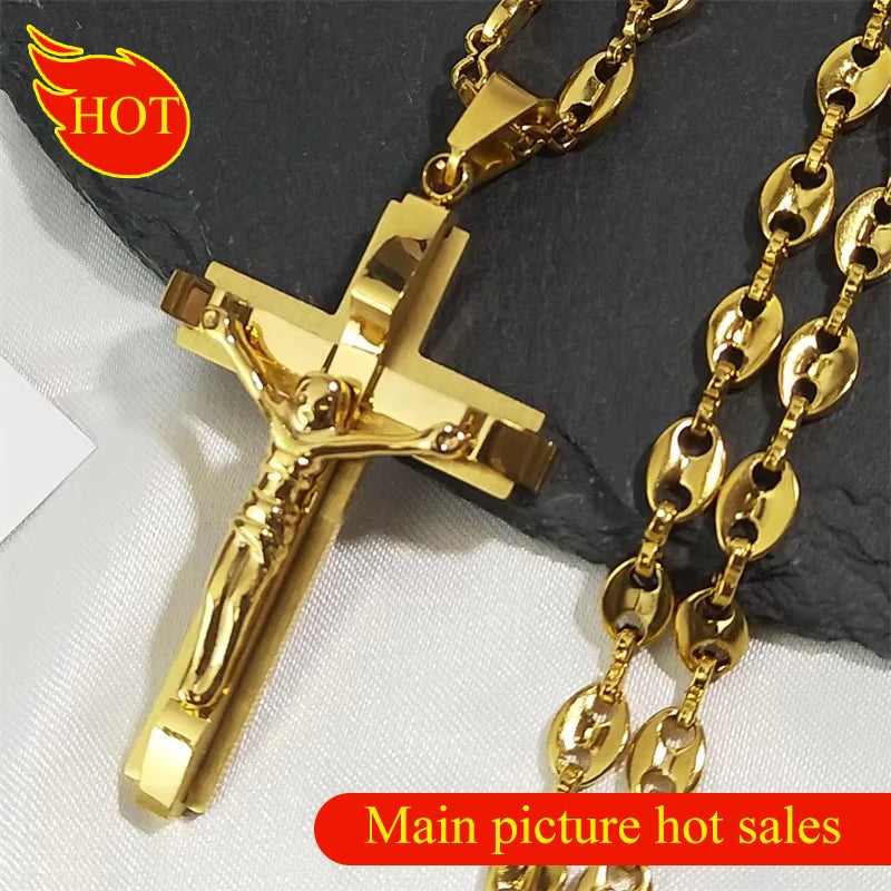 Jesus Cross Crucifix Pendant Necklace for Men Stainless Steel Gold Color Christian Coffee Bean Chain Jewelry croix chrétienne - AMULET RING STORE