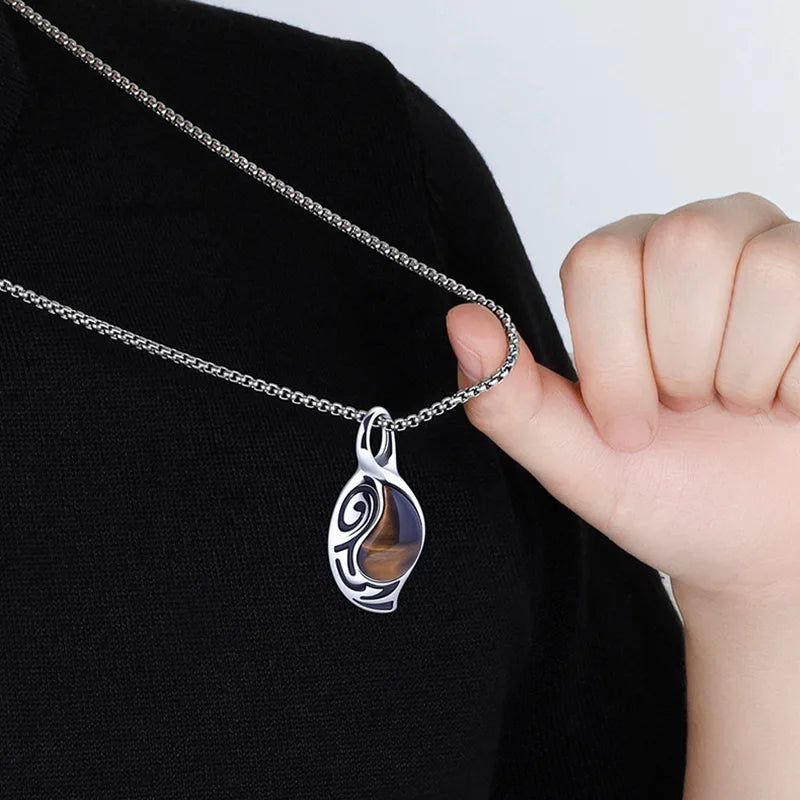 New Retro Silver Necklace for Men Natural Tiger Eye Stone Punk Style Unique Design Men's Long Chain Pendant Party Christmas Gift