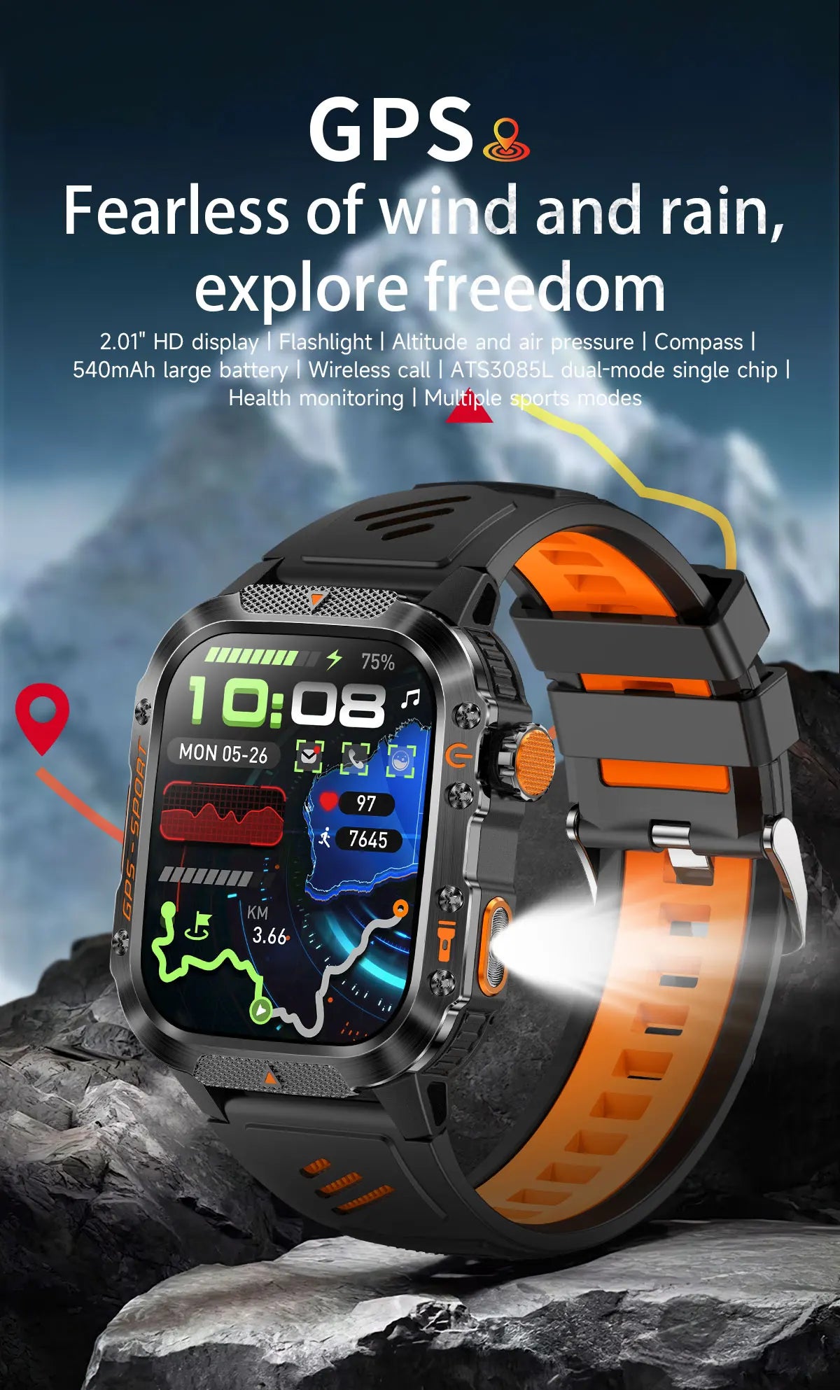 2025New GPS Smart Watch For Xiaomi IOS Military Compass Flashlight Smartwatch Men 10ATM Waterproof 100+Sport Modes BT Call Watch