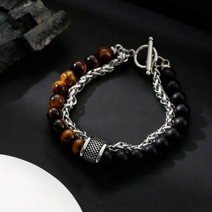 YQ  Stainless Steel Hand Chain Tiger Eye Bead Bracelet For Men Jewelry Rosary Accessories