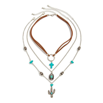 Ethnic Style Women Leaf Choker Woven Rope Leather Tassel Turquoise Stone Necklace Feather Pendant Retro Bohemian Necklace - AMULET RING STORE