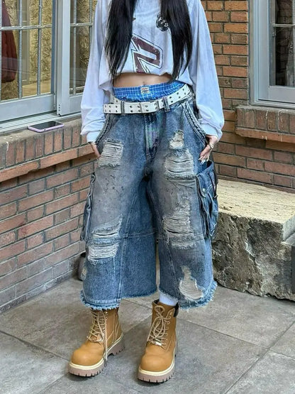 2025 American Vintage Old Baggy Slim Machete Denim Shorts Female Y2K Harajuku Hot Girl Washed Hole Denim Cropped Pants Tide - AMULET RING STORE