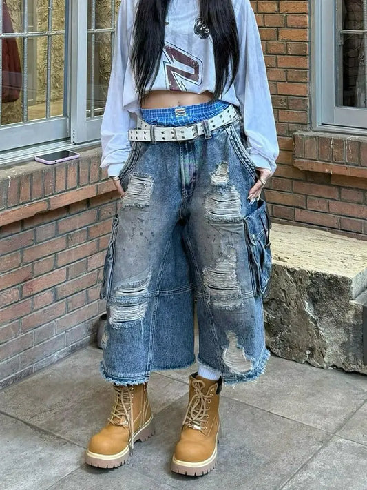 2025 American Vintage Old Baggy Slim Machete Denim Shorts Female Y2K Harajuku Hot Girl Washed Hole Denim Cropped Pants Tide - AMULET RING STORE