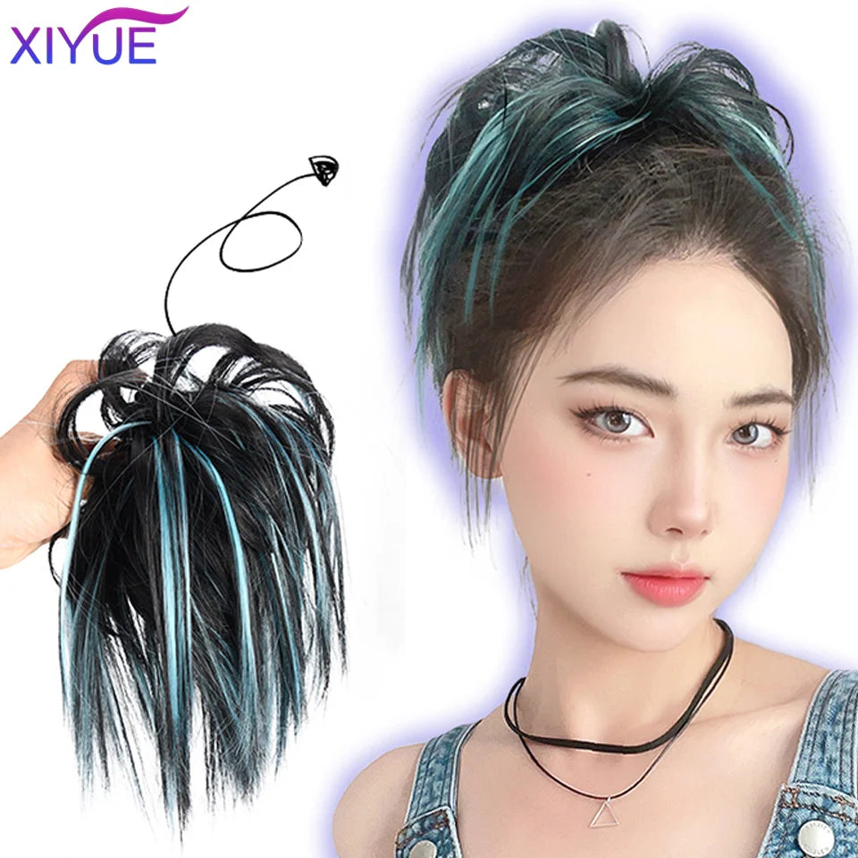 XIYUE Synthetic Messy Hair Bun Tousled Hairpiece Elastic Band Chignon Curly Scrunchie Updo Cover Hair Tail for Women Pink - AMULET RING STORE
