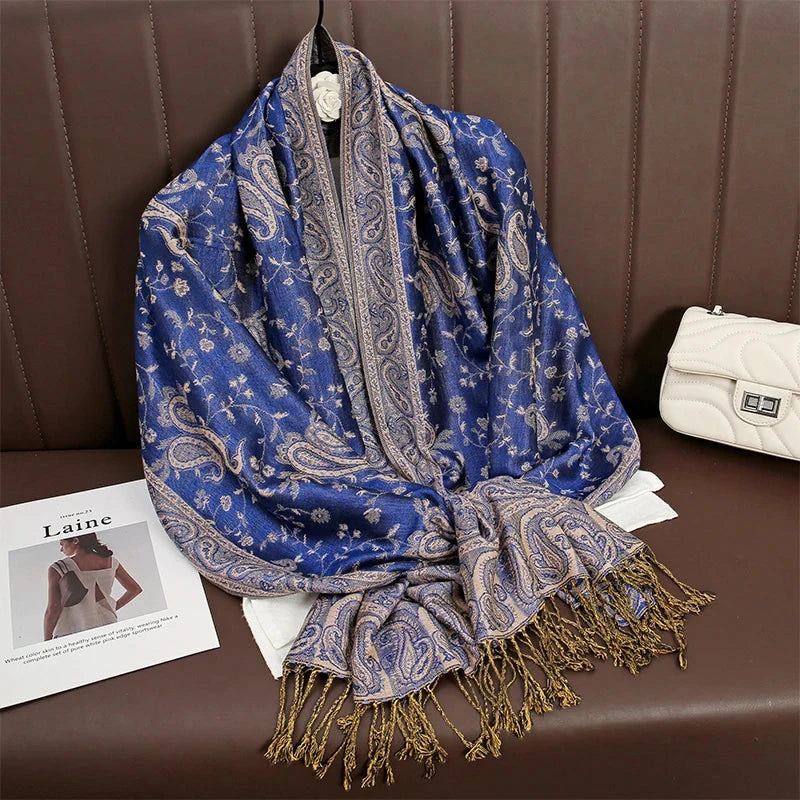 Women National Style Flower Pattern Scarf Jacquard Pashmina Cashmere Tassel Classic Shawl Coldproof Warm Neck Protection