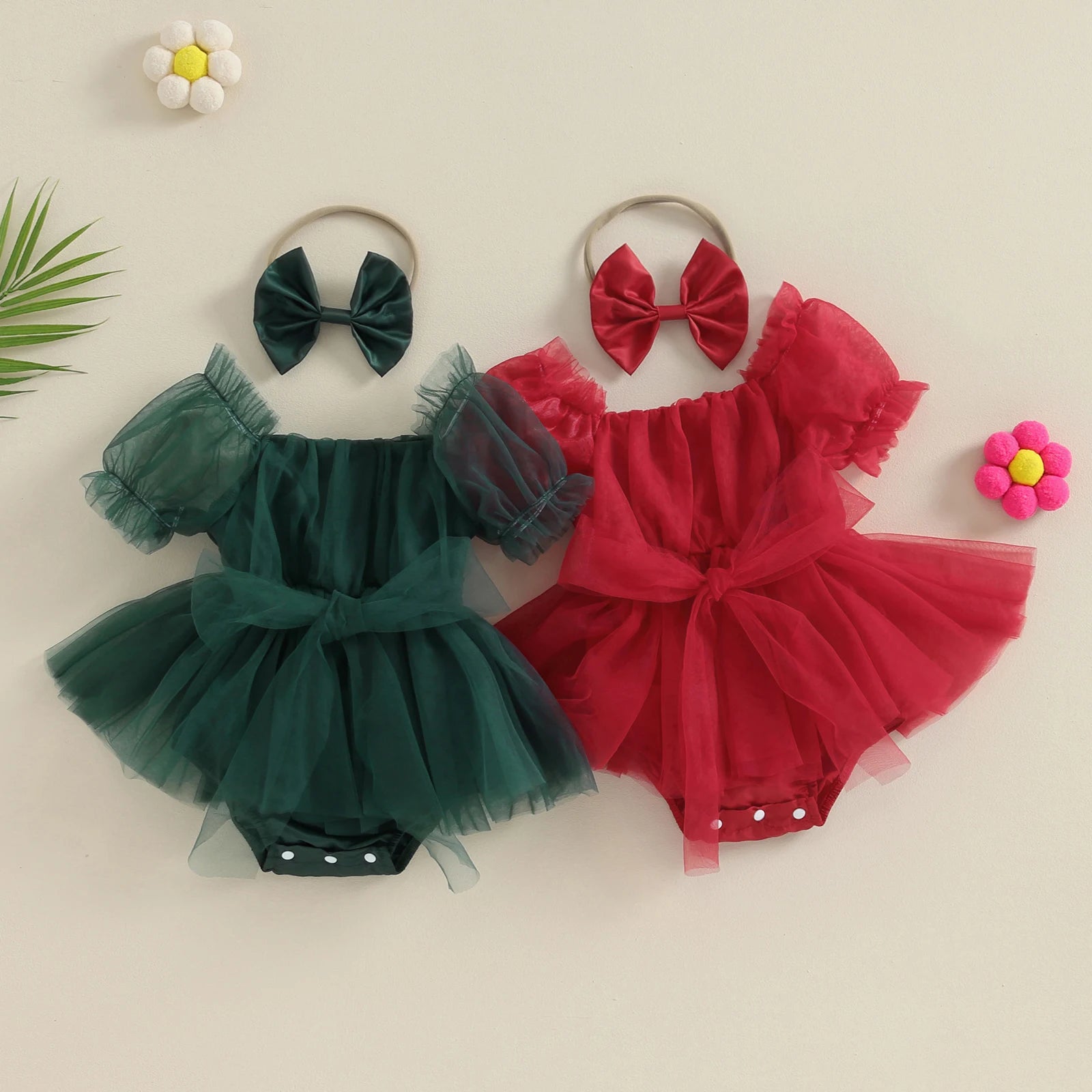 ma&baby 0-24M Christmas Newborn Infant Baby Girl Red Romper Tulle Bow Ruffle Jumpsuit Party Xmas Costumes Headband Outfits D05 - AMULET RING STORE