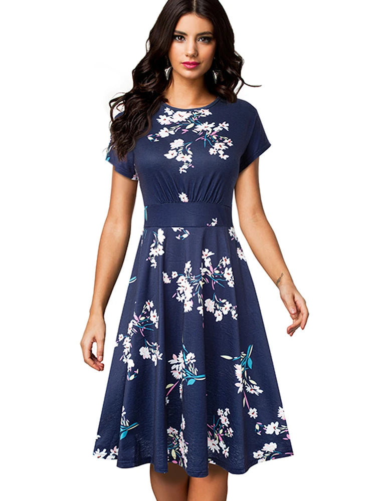 Nice-forever Vintage Elegant Floral Print Pleated Round neck vestidos A-Line Pinup Business Party Women Flare Swing Dress A102