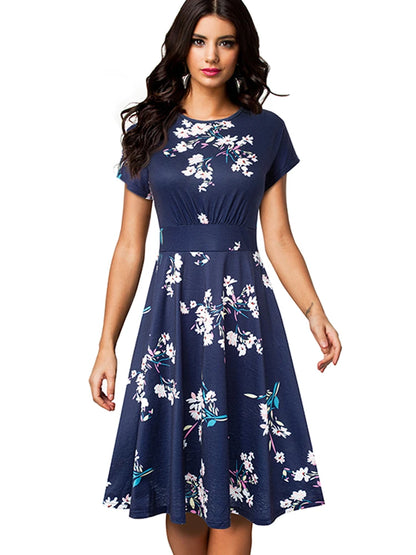 Nice-forever Vintage Elegant Floral Print Pleated Round neck vestidos A-Line Pinup Business Party Women Flare Swing Dress A102