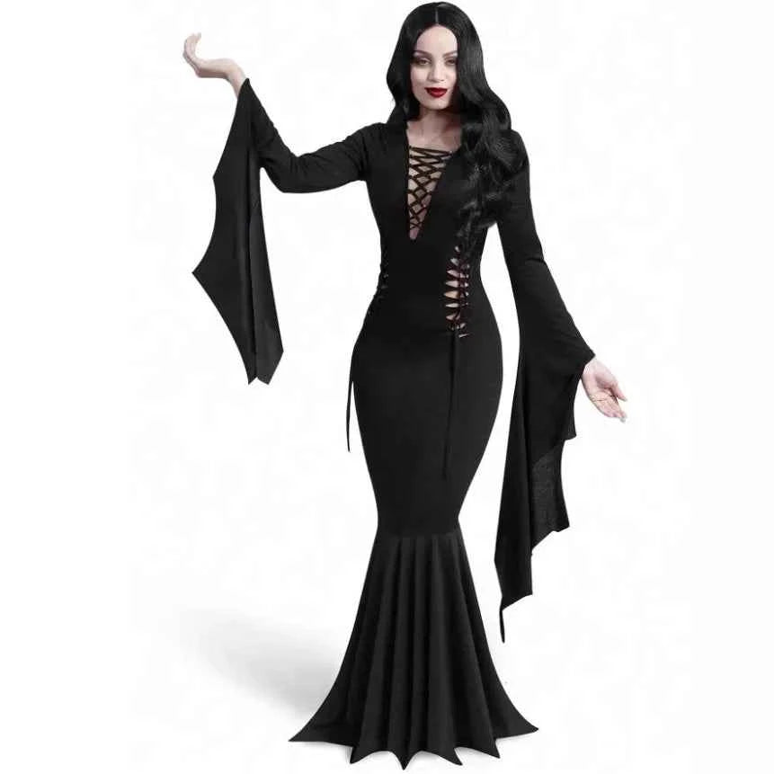 Plus Size Women Fashion Halloween Slimming Long Sleeve  Dress Ladies Sexy Bat Sleeve Fishtail Dress Women's Witch Party Dress