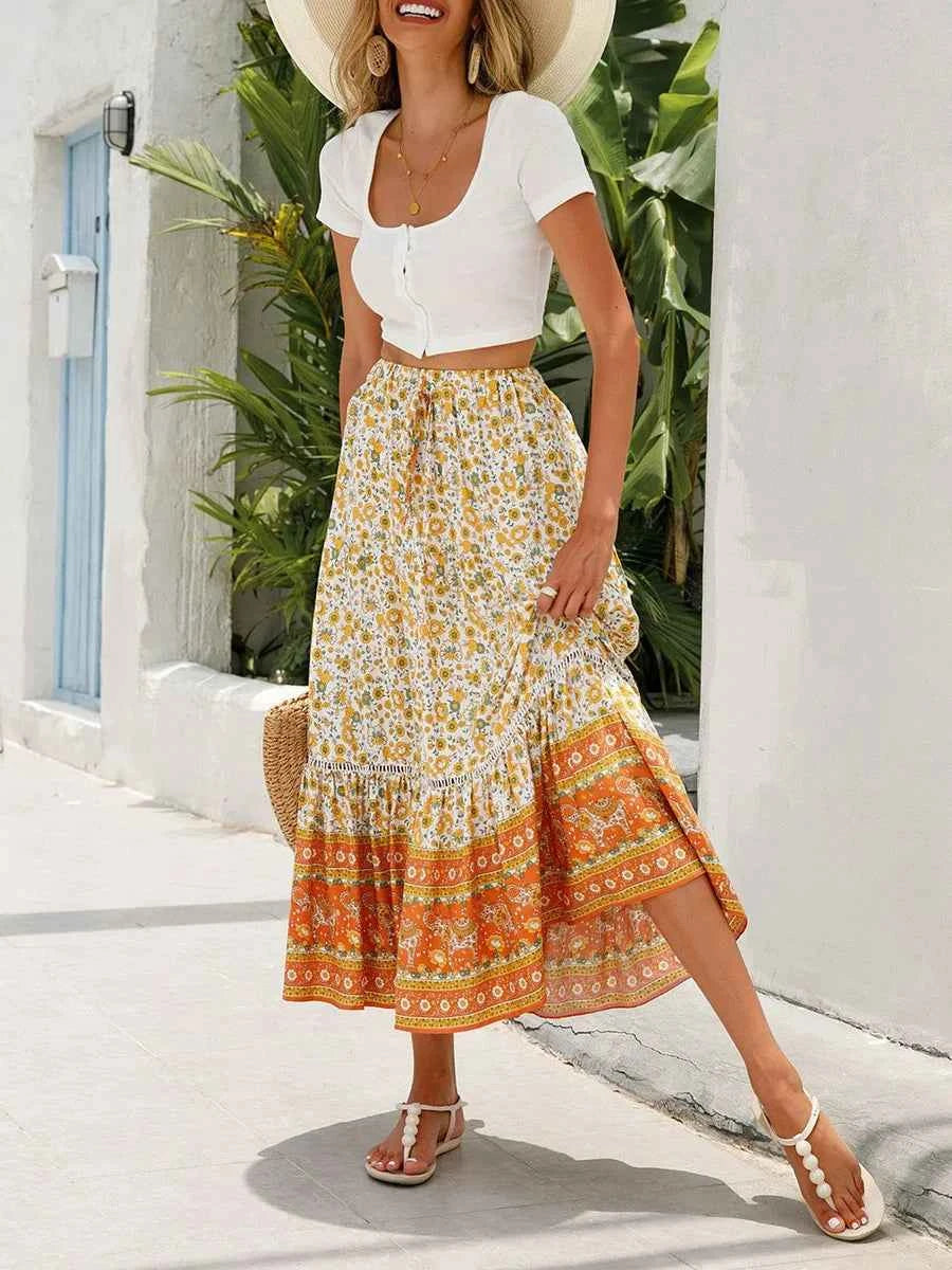 Women Long Skirt Elegant Elastic Waist Floral Flowy Summer Swing Skirt for Casual Daily