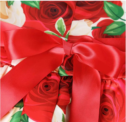 Summer Girls Rose Print Dress Princess Wedding Birthday Party Frocks Satin Children Vestidos Dresses For Girl Christmas Clothing