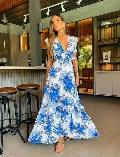 V-Neck Backless Beach Dress - Summer Beachwear - AMULET RING STORE