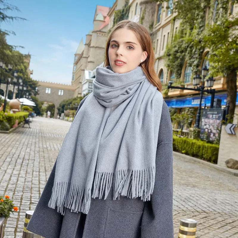 Classic Simple Solid Wool Blend Scarf Women Men Fall Winter High Quality Woolen Shawl Thick Warm Tassel Muffler Female Male Wrap