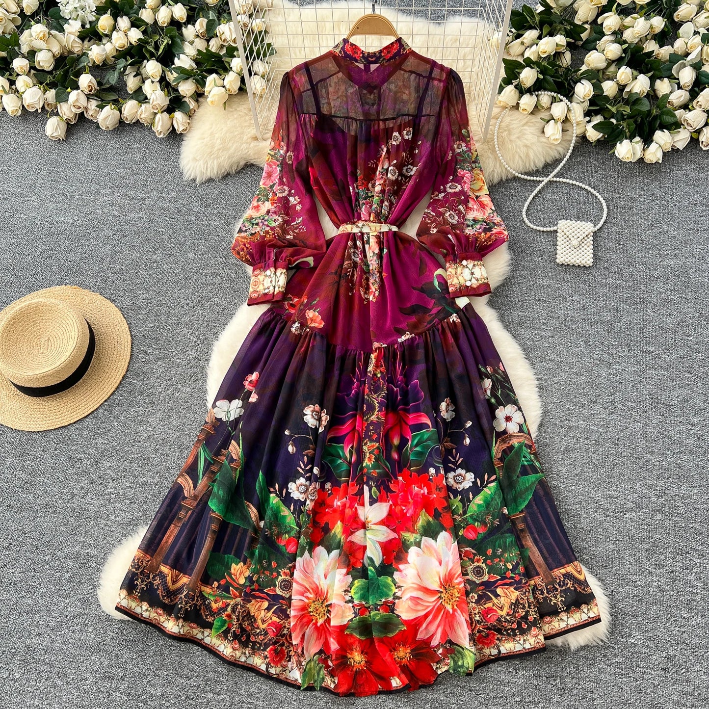 SINGREINY Vintage Print Chiffon Dresses Women Lantern Sleeve O Neck Design Fashion High Quality Court Floral Pleated Long Dress