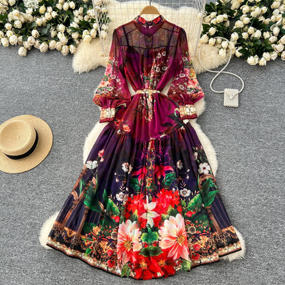 SINGREINY Vintage Print Chiffon Dresses Women Lantern Sleeve O Neck Design Fashion High Quality Court Floral Pleated Long Dress