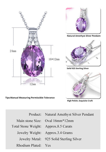 Natural Amethyst Sterling Silver S925 Rhodium Plated 8.5 Carats Genuine Birthstone Big Size Quarts Birthday Gift for Women