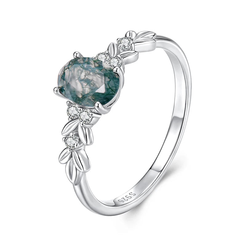 WOSTU Natural Moss Agate Ring For Women  925 Sterling Silver Oval Cut Sea Grass Agate Flower Rings Wedding Party Jewelry Gift