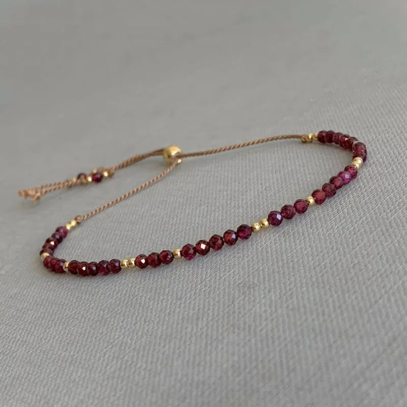 Garnet Gemstone bracelet, Birthstone January gift, dainty adjustable silk cord bracelet