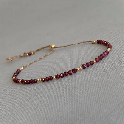 Garnet Gemstone bracelet, Birthstone January gift, dainty adjustable silk cord bracelet