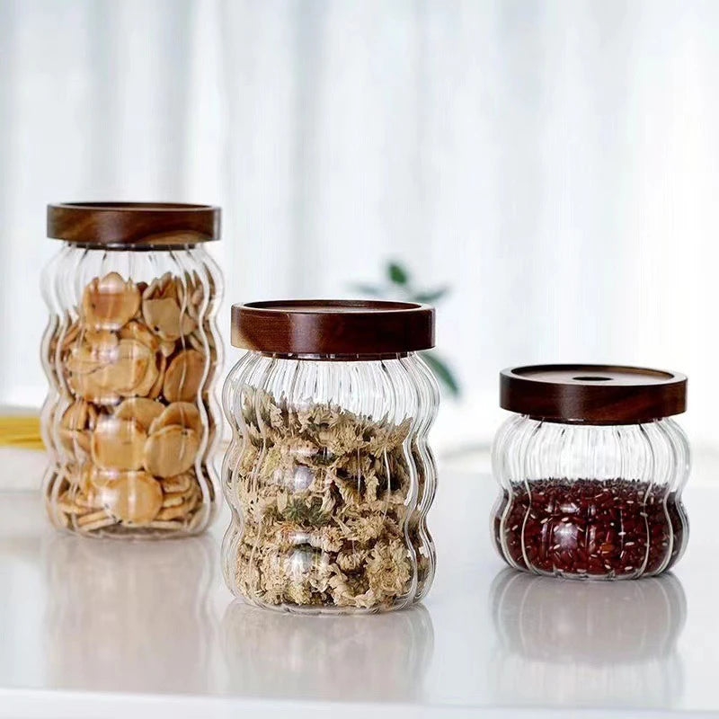 Wood Lid Striped Glass Storage Bottles Sealed Jar Tea Coffee Beans Grains Candy Jars Organizer Kitchen Food Glass Containers - AMULET RING STORE