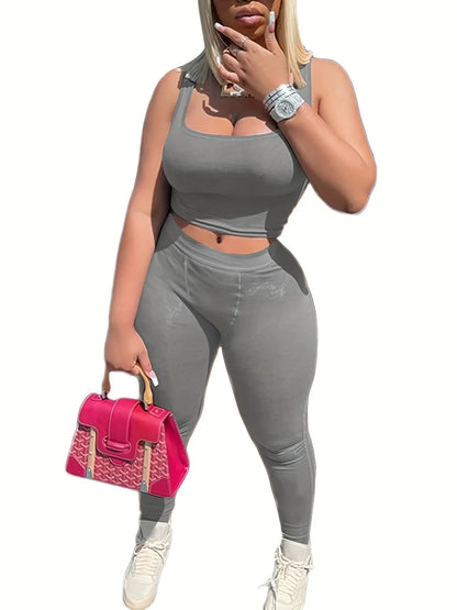 New Design Women Summer Fitness Sports Wear Lounge Set Yoga Solid Color Vest Summer Two Piece Set Tank Top Biker Shorts Set