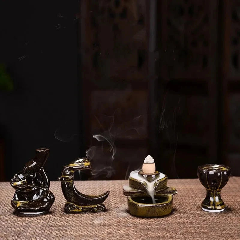 With 30 Incense Waterfall Incense Burner Ceramics Backflow Buddha Censer Backflow Incense Holder Home Office Yoga Teahouse Decor - AMULET RING STORE