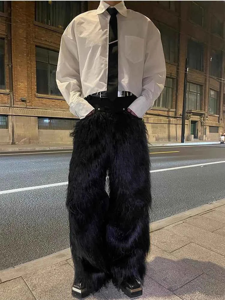 Mauroicardi Autumn Winter Long Black Thick Warm Hairy Shaggy Faux Fur Wide Leg Pants for Mens Luxury Designer Clothes Streetwear