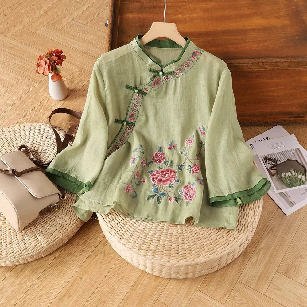 Casual Loose Blouse Shirt Women Clothes Summer Cotton Linen Ladies Tops Tee Blusas Vintage Embroidery Woman Shirt Camiseta Mujer