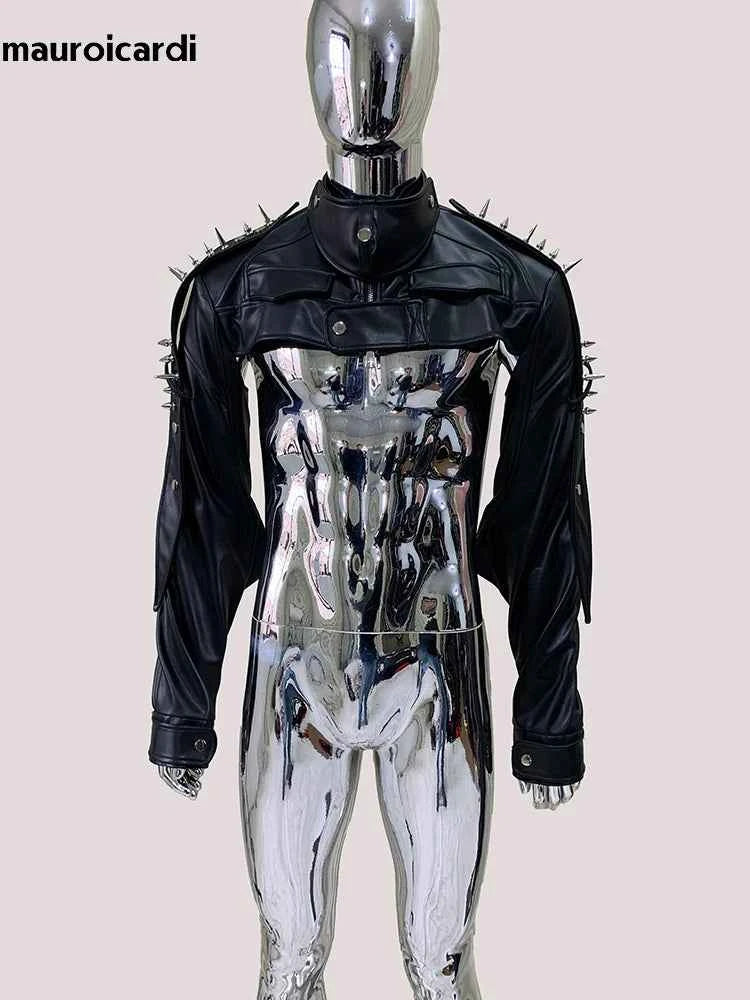 Mauroicardi Spring Autumn Cool Black Cropped Faux Leather Jacket Men Rivet Long Sleeve Zip Up Luxury Punk Style Emo Clothes 2025