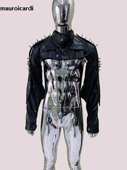 Mauroicardi Spring Autumn Cool Black Cropped Faux Leather Jacket Men Rivet Long Sleeve Zip Up Luxury Punk Style Emo Clothes 2025