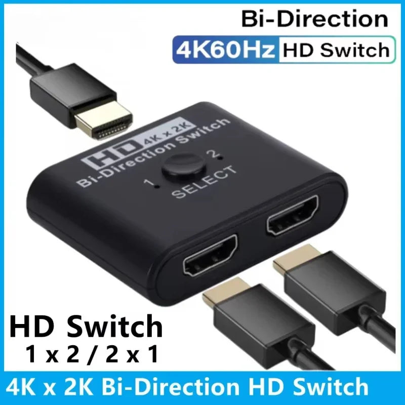 4K 60Hz HDMI Bi-Directional Switch 2x1 Splitter 2 Ports Input 1 Output For PC Laptop Monitor TV Projector Audio Video Converter