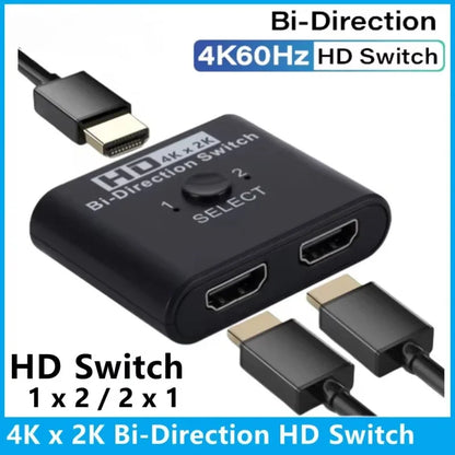 4K 60Hz HDMI Bi-Directional Switch 2x1 Splitter 2 Ports Input 1 Output For PC Laptop Monitor TV Projector Audio Video Converter