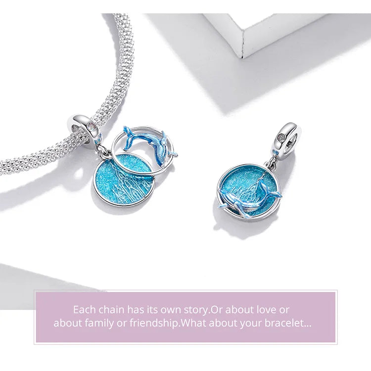 BISAER 925 Sterling Silver Charm Ocean Style Fish Dolphin Mermaid Shell Blue CZ Bead For Necklace&Bracelet DIY Fine Jewelry Gift - AMULET RING STORE