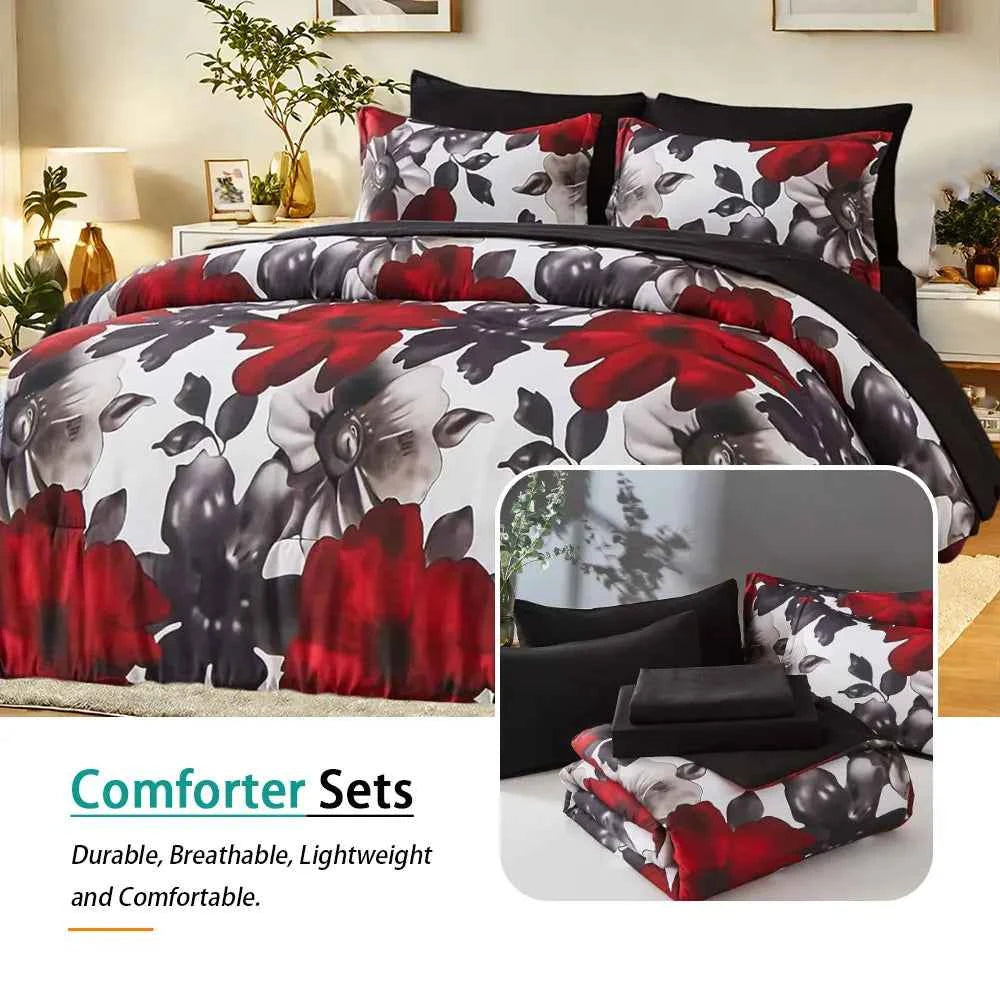 7-Pcs floral print comforter set, soft and comfortable, bedding set, room decoration, suitable for all seasons