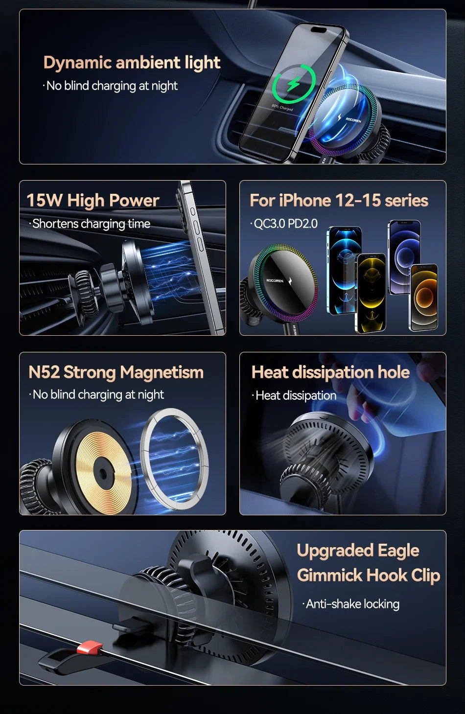 Rocoren Magnetic Car Phone Holder Fast Charging Wireless Charger With RGB light Magnet Car Stander For iPhone 15 14 13 Pro Max