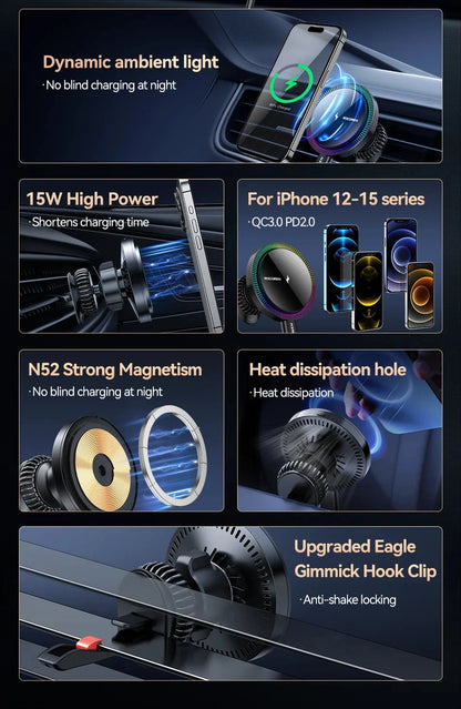 Rocoren Magnetic Car Phone Holder Fast Charging Wireless Charger With RGB light Magnet Car Stander For iPhone 15 14 13 Pro Max