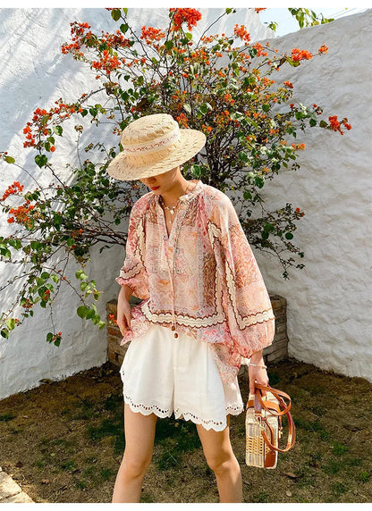 Boho Flrench Chic Floral Blouse Shirt Printed Summer Loose Lace Hollow Out Sexy Ladies Vocation Women Long Sleeve Top Shirts New