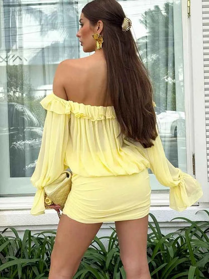 Sisterlinda Ruched Elegant Dress Women Sexy Hollow Ruffles Shirring Slash Neck Backless Puff Sleeve Street Fashion Mini Bodycon